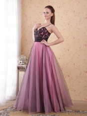 Rose Pink A-Line / Princess Spaghetti Straps Floor-length Tulle Appliques Prom Dress