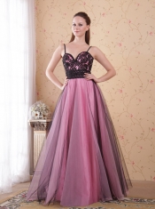 Rose Pink A-Line / Princess Spaghetti Straps Floor-length Tulle Appliques Prom Dress