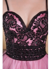 Rose Pink A-Line / Princess Spaghetti Straps Floor-length Tulle Appliques Prom Dress