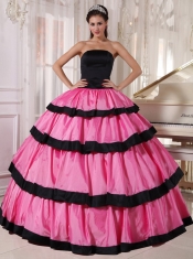 Rose Pink and Black Ball Gown Strapless Floor-length Taffeta Quinceanera Dress