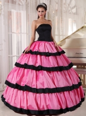 Rose Pink and Black Ball Gown Strapless Floor-length Taffeta Quinceanera Dress