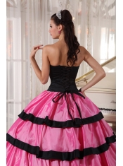 Rose Pink and Black Ball Gown Strapless Floor-length Taffeta Quinceanera Dress