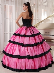 Rose Pink and Black Ball Gown Strapless Floor-length Taffeta Quinceanera Dress