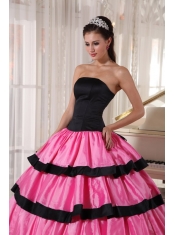 Rose Pink and Black Ball Gown Strapless Floor-length Taffeta Quinceanera Dress