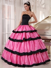 Rose Pink and Black Ball Gown Strapless Floor-length Taffeta Quinceanera Dress