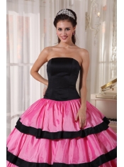 Rose Pink and Black Ball Gown Strapless Floor-length Taffeta Quinceanera Dress