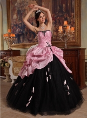 Rose Pink and Black Ball Gown Sweetheart Floor-length Hand Flowers Tulle and Taffeta Quinceanera Dress