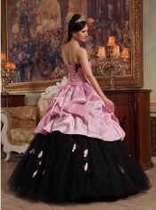 Rose Pink and Black Ball Gown Sweetheart Floor-length Hand Flowers Tulle and Taffeta Quinceanera Dress