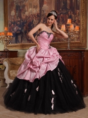 Rose Pink and Black Ball Gown Sweetheart Floor-length Hand Flowers Tulle and Taffeta Quinceanera Dress