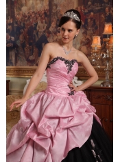 Rose Pink and Black Ball Gown Sweetheart Floor-length Hand Flowers Tulle and Taffeta Quinceanera Dress