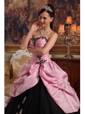 Rose Pink and Black Ball Gown Sweetheart Floor-length Hand Flowers Tulle and Taffeta Quinceanera Dress