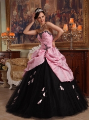 Rose Pink and Black Ball Gown Sweetheart Floor-length Hand Flowers Tulle and Taffeta Quinceanera Dress