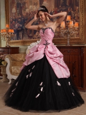 Rose Pink and Black Ball Gown Sweetheart Floor-length Hand Flowers Tulle and Taffeta Quinceanera Dress