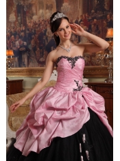 Rose Pink and Black Ball Gown Sweetheart Floor-length Hand Flowers Tulle and Taffeta Quinceanera Dress