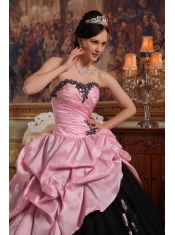 Rose Pink and Black Ball Gown Sweetheart Floor-length Hand Flowers Tulle and Taffeta Quinceanera Dress