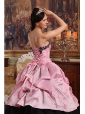 Rose Pink and Black Ball Gown Sweetheart Floor-length Hand Flowers Tulle and Taffeta Quinceanera Dress