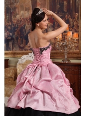 Rose Pink and Black Sweetheart Handmade Flowers Tulle and Taffeta Ball Gown Quinceanera Dress