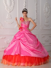 Rose Pink Ball Gown One Shoulder Floor-length Organza and Taffeta Beading and Hand Flower Quinceanera Dress