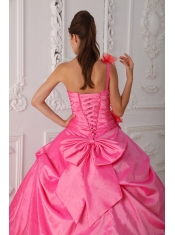 Rose Pink Ball Gown One Shoulder Floor-length Organza and Taffeta Beading and Hand Flower Quinceanera Dress