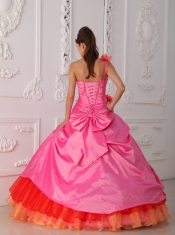 Rose Pink Ball Gown One Shoulder Floor-length Organza and Taffeta Beading and Hand Flower Quinceanera Dress