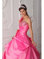 Rose Pink Ball Gown One Shoulder Floor-length Organza and Taffeta Beading and Hand Flower Quinceanera Dress