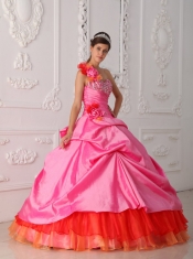 Rose Pink Ball Gown One Shoulder Floor-length Organza and Taffeta Beading and Hand Flower Quinceanera Dress