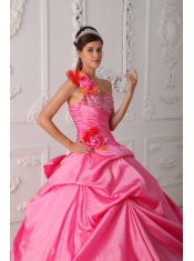 Rose Pink Ball Gown One Shoulder Floor-length Organza and Taffeta Beading and Hand Flower Quinceanera Dress