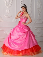 Rose Pink Ball Gown One Shoulder Floor-length Organza and Taffeta Beading and Hand Flower Quinceanera Dress