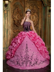 Rose Pink Ball Gown Strapless Floor-length Embroidery Taffeta  Quinceanera Dress