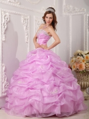 Pink Ball Gown Strapless Floor-length Organza Appliques  Quinceanera Dress