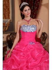 Rose Pink Ball Gown Strapless Floor-length Organza Appliques Quinceanera Dress