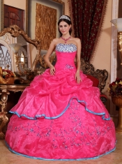 Rose Pink Ball Gown Strapless Floor-length Organza Appliques Quinceanera Dress