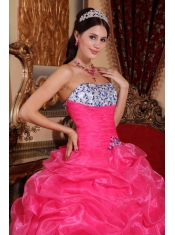 Rose Pink Ball Gown Strapless Floor-length Organza Appliques Quinceanera Dress