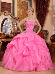 Rose Pink Ball Gown Strapless Floor-length Organza Appliques Sweet 16 Dress