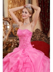 Rose Pink Ball Gown Strapless Floor-length Organza Appliques Sweet 16 Dress