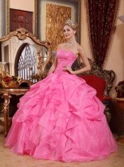 Rose Pink Ball Gown Strapless Floor-length Organza Appliques Sweet 16 Dress