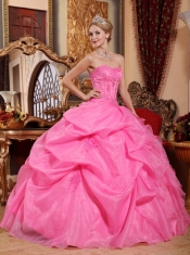 Rose Pink Ball Gown Strapless Floor-length Organza Appliques Sweet 16 Dress