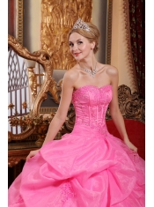 Rose Pink Ball Gown Strapless Floor-length Organza Appliques Sweet 16 Dress