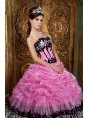 Rose Pink Ball Gown Strapless Floor-length  Picks-ups Taffeta Quinceanera Dress