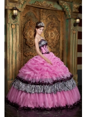 Rose Pink Ball Gown Strapless Floor-length  Picks-ups Taffeta Quinceanera Dress