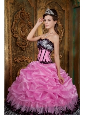 Rose Pink Ball Gown Strapless Floor-length  Picks-ups Taffeta Quinceanera Dress