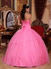 Rose Pink Ball Gown Strapless Floor-length Tulle Appliques with Beading Quinceanera Dress