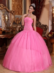 Rose Pink Ball Gown Strapless Floor-length Tulle Appliques with Beading Quinceanera Dress