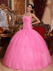 Rose Pink Ball Gown Strapless Floor-length Tulle Appliques with Beading Quinceanera Dress
