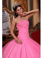 Rose Pink Ball Gown Strapless Floor-length Tulle Appliques with Beading Quinceanera Dress