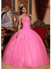 Rose Pink Ball Gown Strapless Floor-length Tulle Appliques with Beading Quinceanera Dress