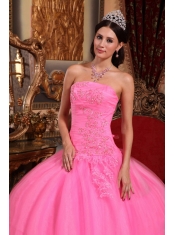 Rose Pink Ball Gown Strapless Floor-length Tulle Appliques with Beading Quinceanera Dress