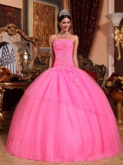 Rose Pink Ball Gown Strapless Floor-length Tulle Appliques with Beading Quinceanera Dress