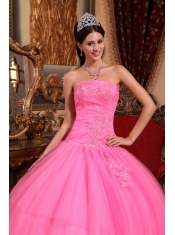 Rose Pink Ball Gown Strapless Floor-length Tulle Appliques with Beading Quinceanera Dress