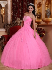 Rose Pink Ball Gown Strapless Floor-length Tulle Beading Quinceanera Dress